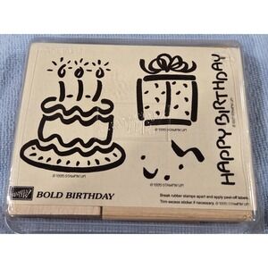 Stampin Up! "Bold Birthday" Set of 4 Unmounted Woodblock Stamps 1995 New In Case
